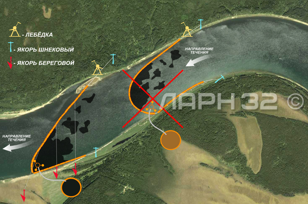 Постановка бонов на реках с береговыми оттяжками